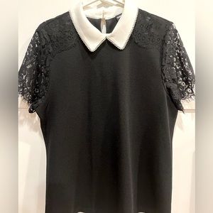 Karl Lagerfeld Black Top with White Pearl-Trim Collar